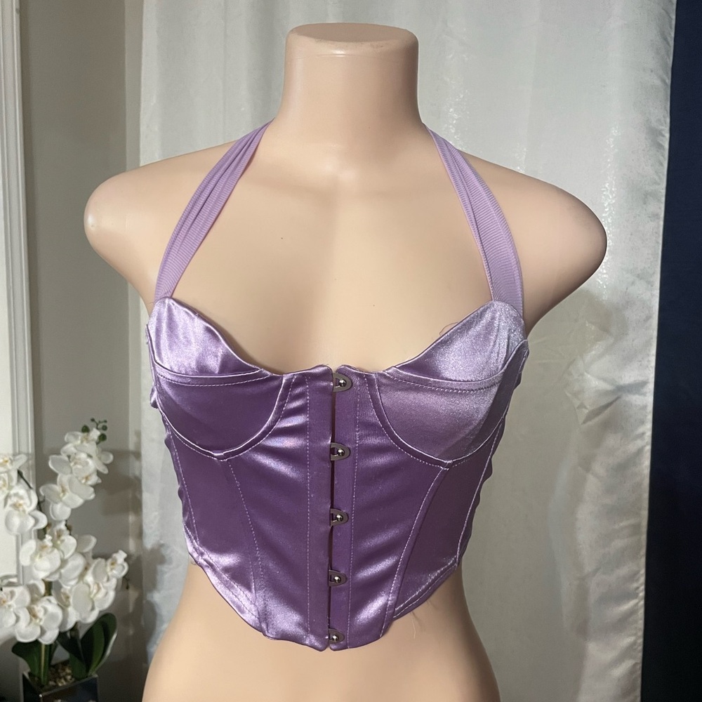Lilac Purple Smooth Corset Top Halter Boning Woman intimates